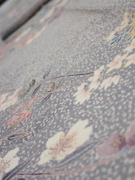 Photo4: 1W09z50  Japanese Kimono Silk  FABRIC Sakura Light gray 82.3x7.1 (4)