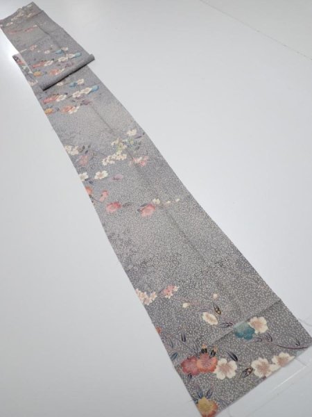 Photo5: 1W09z50  Japanese Kimono Silk  FABRIC Sakura Light gray 82.3x7.1 (5)