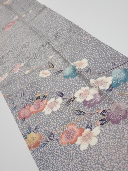 Photo2: 1W10z30  Japanese Kimono Silk  FABRIC Sakura Light gray 37.0x7.1 (2)
