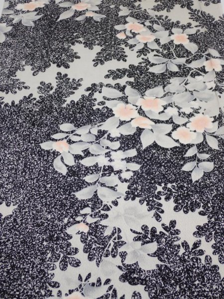 Photo1: 1W01z60  Japanese Kimono Silk  FABRIC Flower Black 42.5x14.8 (1)