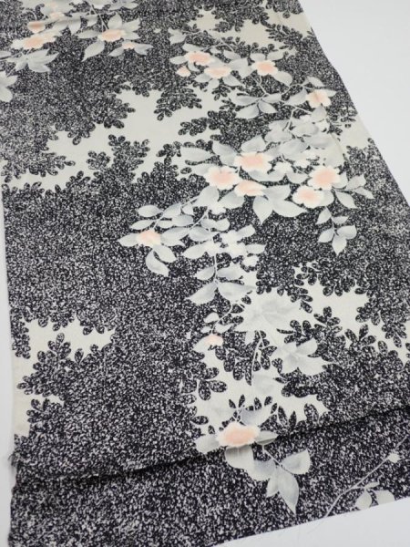 Photo2: 1W01z60  Japanese Kimono Silk  FABRIC Flower Black 42.5x14.8 (2)