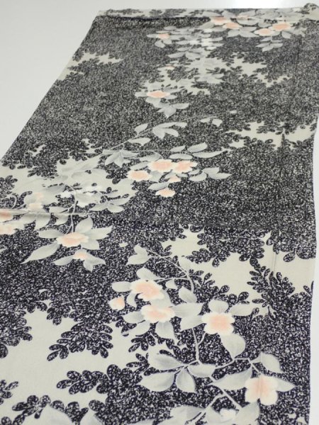 Photo3: 1W01z60  Japanese Kimono Silk  FABRIC Flower Black 42.5x14.8 (3)