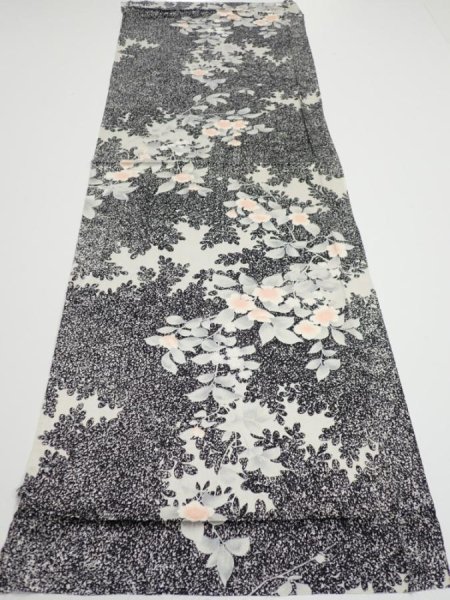 Photo5: 1W01z60  Japanese Kimono Silk  FABRIC Flower Black 42.5x14.8 (5)