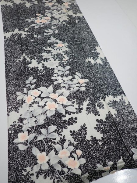 Photo2: 1W03z90  Japanese Kimono Silk  FABRIC Flower Black 63.0x14.6 (2)