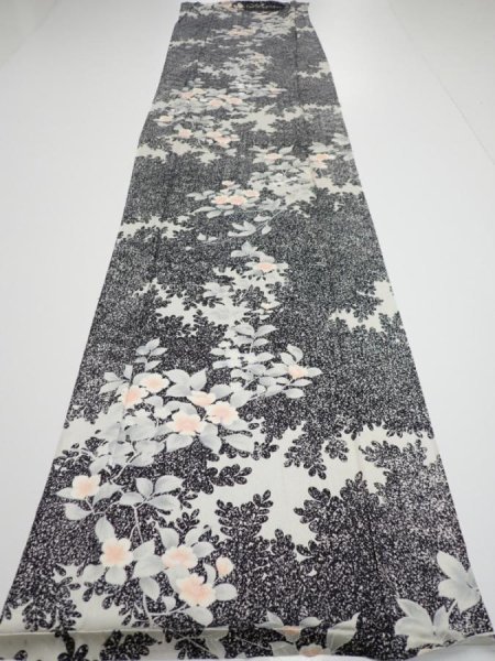 Photo5: 1W04z90  Japanese Kimono Silk  FABRIC Flower Black 63.0x14.8 (5)