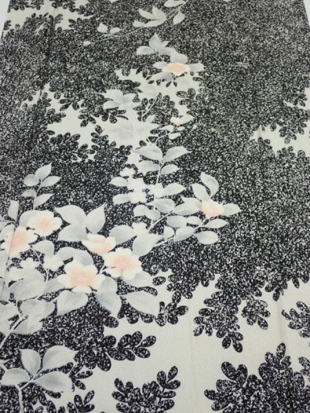 Photo1: 1W05z90  Japanese Kimono Silk  FABRIC Flower Black 63.0x14.8 (1)