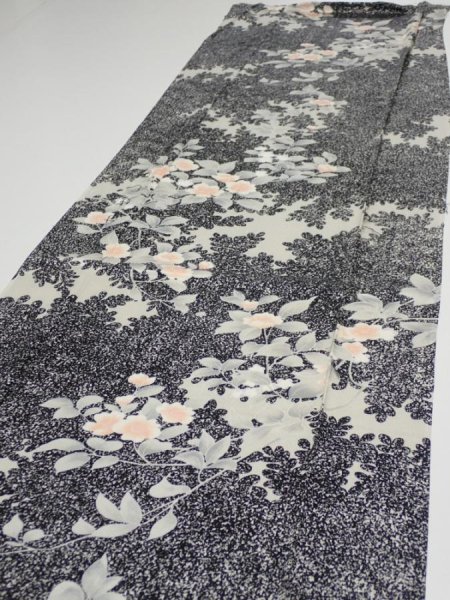 Photo3: 1W05z90  Japanese Kimono Silk  FABRIC Flower Black 63.0x14.8 (3)