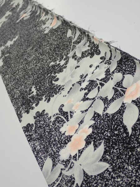 Photo1: 1W07z40  Japanese Kimono Silk  FABRIC Flower Black 57.5x7.3 (1)