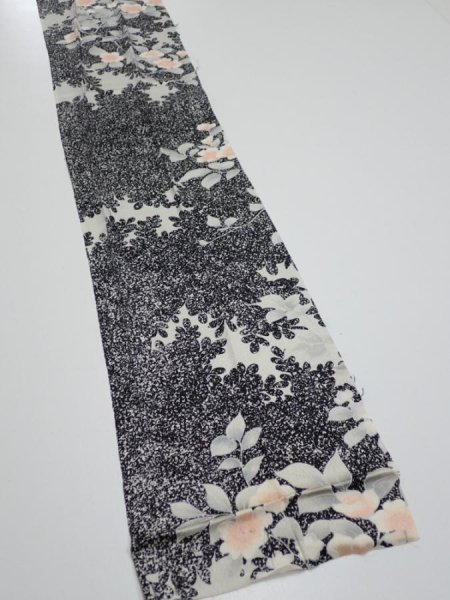 Photo3: 1W08z60  Japanese Kimono Silk  FABRIC Flower Black 79.1x7.3 (3)