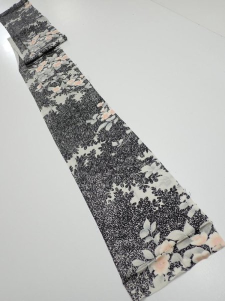 Photo5: 1W08z60  Japanese Kimono Silk  FABRIC Flower Black 79.1x7.3 (5)