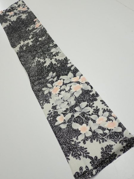 Photo1: 1W09z30  Japanese Kimono Silk  FABRIC Flower Black 36.2x7.3 (1)