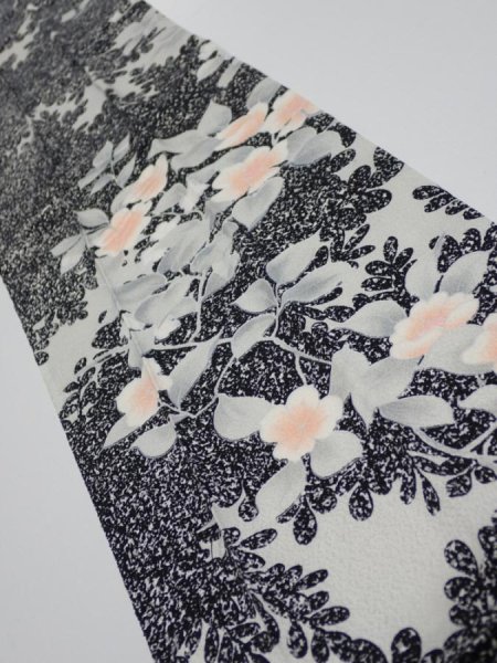 Photo2: 1W09z30  Japanese Kimono Silk  FABRIC Flower Black 36.2x7.3 (2)