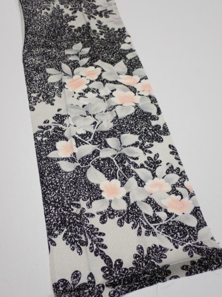 Photo3: 1W09z30  Japanese Kimono Silk  FABRIC Flower Black 36.2x7.3 (3)
