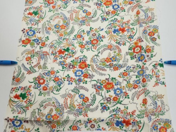 Photo6: 1W04z90  Japanese Kimono Silk  FABRIC Flowers Off-white 65.4x14.4 (6)