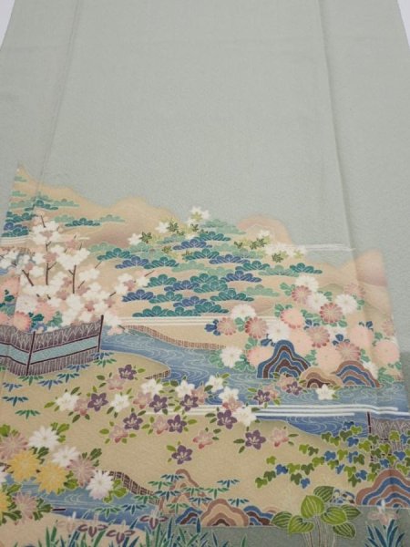 Photo1: 2C03z90  Japanese Kimono Silk  FABRIC Scenery Sage green 70.1x14.8 (1)