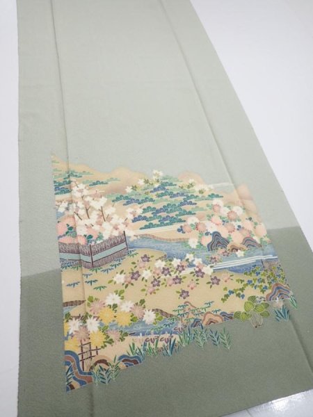 Photo2: 2C03z90  Japanese Kimono Silk  FABRIC Scenery Sage green 70.1x14.8 (2)