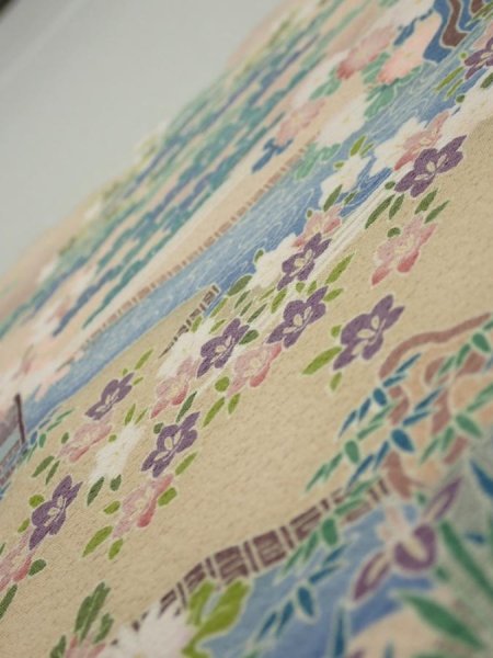 Photo4: 2C03z90  Japanese Kimono Silk  FABRIC Scenery Sage green 70.1x14.8 (4)