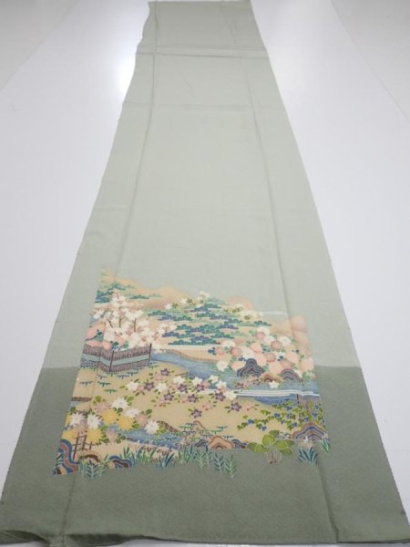 Photo5: 2C03z90  Japanese Kimono Silk  FABRIC Scenery Sage green 70.1x14.8 (5)