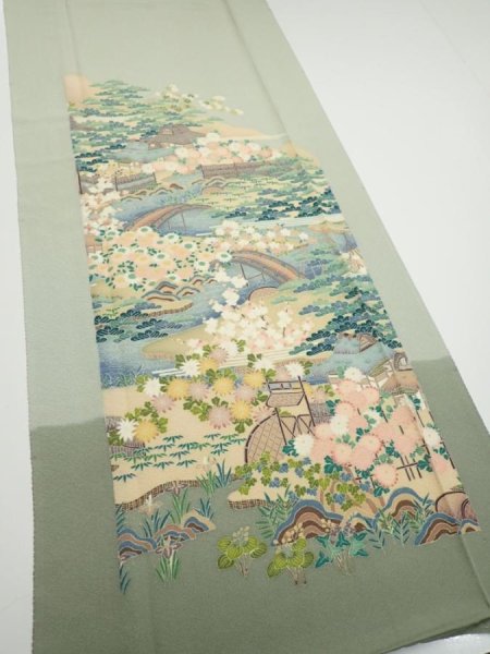 Photo2: 2C04z90  Japanese Kimono Silk  FABRIC Scenery Sage green 70.1x14.8 (2)