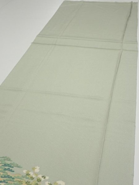 Photo3: 2C04z90  Japanese Kimono Silk  FABRIC Scenery Sage green 70.1x14.8 (3)