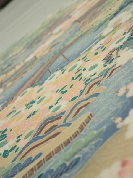 Photo4: 2C04z90  Japanese Kimono Silk  FABRIC Scenery Sage green 70.1x14.8 (4)