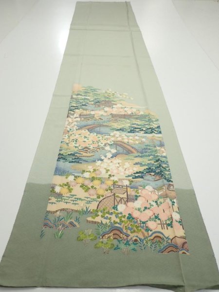 Photo5: 2C04z90  Japanese Kimono Silk  FABRIC Scenery Sage green 70.1x14.8 (5)