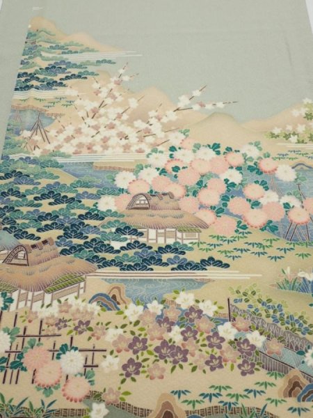 Photo1: 2C05z90  Japanese Kimono Silk  FABRIC Scenery Sage green 70.1x14.8 (1)