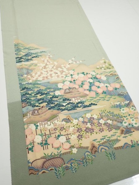 Photo2: 2C05z90  Japanese Kimono Silk  FABRIC Scenery Sage green 70.1x14.8 (2)