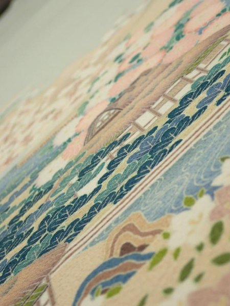 Photo4: 2C05z90  Japanese Kimono Silk  FABRIC Scenery Sage green 70.1x14.8 (4)