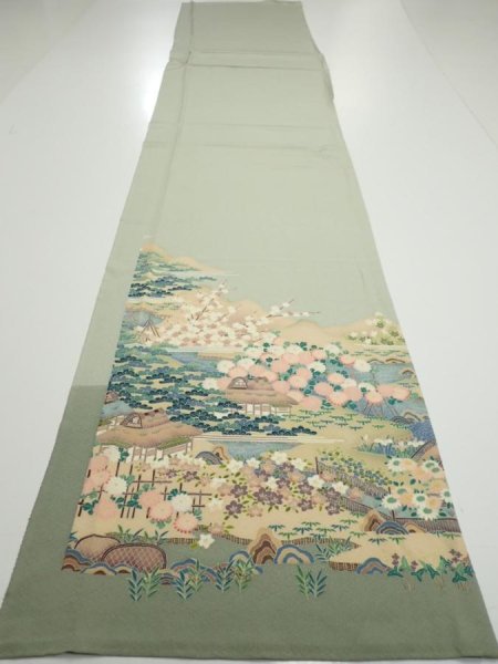 Photo5: 2C05z90  Japanese Kimono Silk  FABRIC Scenery Sage green 70.1x14.8 (5)