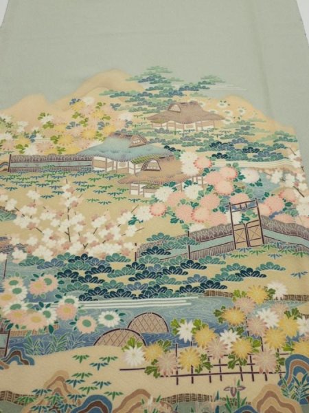 Photo1: 2C06z90  Japanese Kimono Silk  FABRIC Scenery Sage green 70.1x14.8 (1)