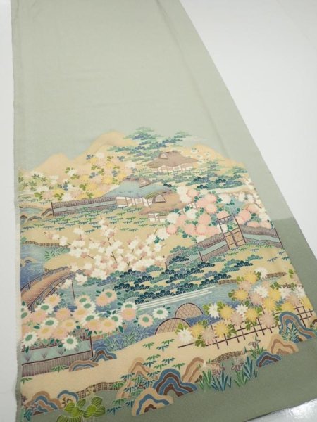 Photo2: 2C06z90  Japanese Kimono Silk  FABRIC Scenery Sage green 70.1x14.8 (2)