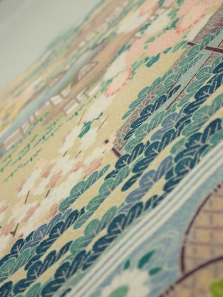 Photo4: 2C06z90  Japanese Kimono Silk  FABRIC Scenery Sage green 70.1x14.8 (4)