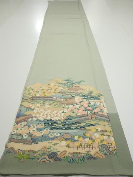 Photo5: 2C06z90  Japanese Kimono Silk  FABRIC Scenery Sage green 70.1x14.8 (5)