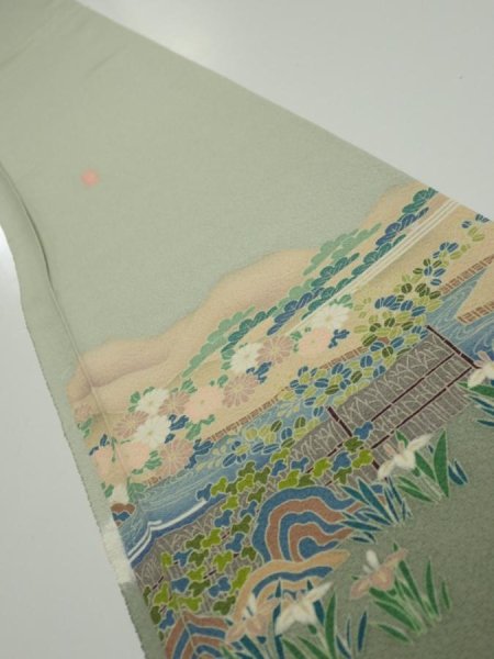 Photo1: 2C07z40  Japanese Kimono Silk  FABRIC Scenery Sage green 63.0x7.3 (1)
