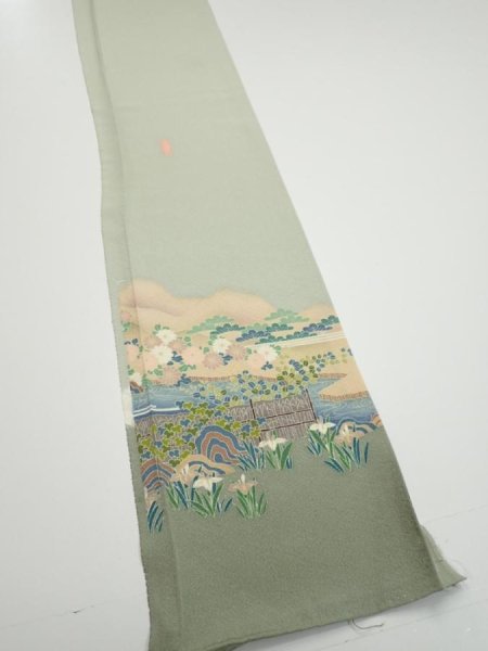 Photo2: 2C07z40  Japanese Kimono Silk  FABRIC Scenery Sage green 63.0x7.3 (2)