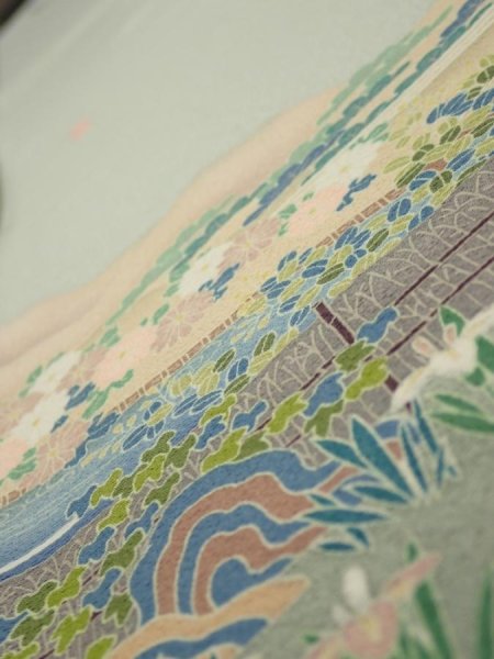 Photo4: 2C07z40  Japanese Kimono Silk  FABRIC Scenery Sage green 63.0x7.3 (4)