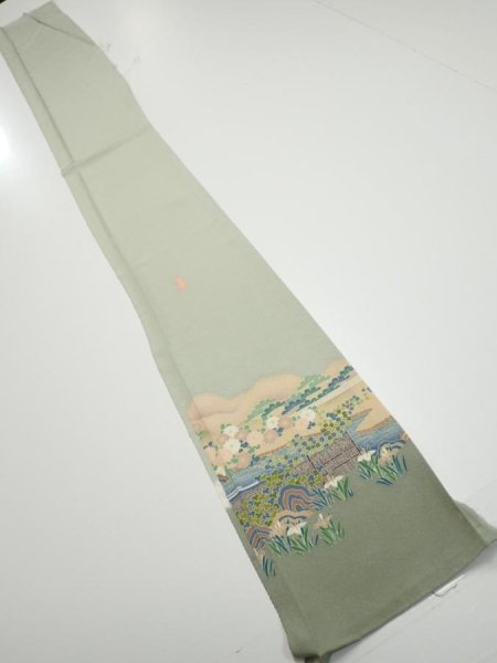 Photo5: 2C07z40  Japanese Kimono Silk  FABRIC Scenery Sage green 63.0x7.3 (5)