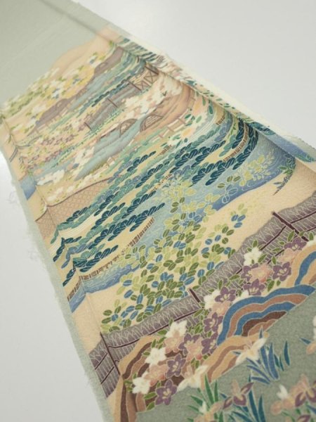 Photo1: 2C08z40  Japanese Kimono Silk  FABRIC Scenery Sage green 63.0x7.3 (1)