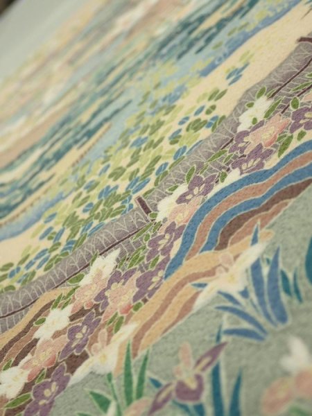 Photo4: 2C08z40  Japanese Kimono Silk  FABRIC Scenery Sage green 63.0x7.3 (4)