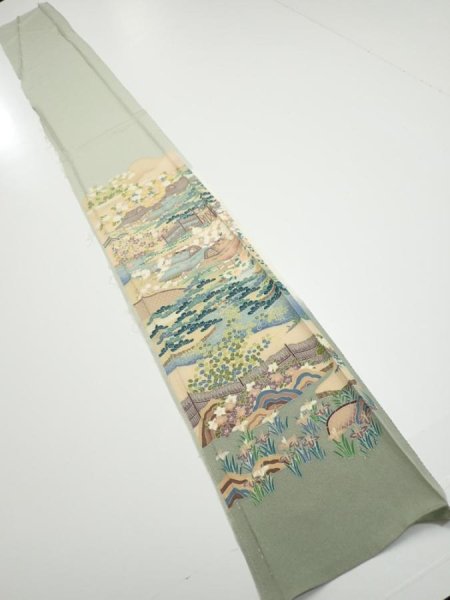 Photo5: 2C08z40  Japanese Kimono Silk  FABRIC Scenery Sage green 63.0x7.3 (5)