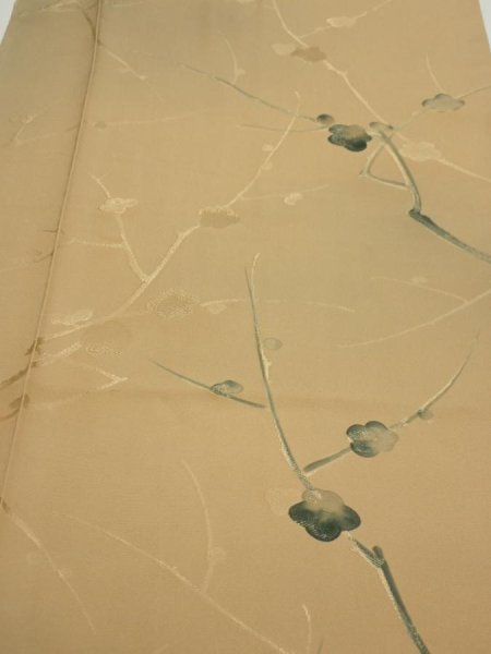 Photo1: 2C03z60  Japanese Kimono Silk  FABRIC Plum branch Light brown 46.5x14.8 (1)