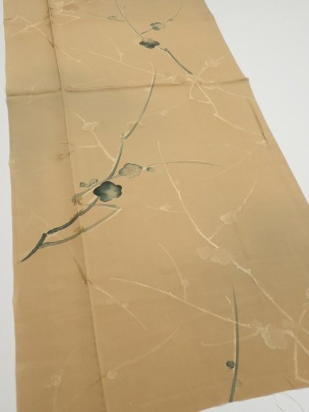 Photo2: 2C03z60  Japanese Kimono Silk  FABRIC Plum branch Light brown 46.5x14.8 (2)