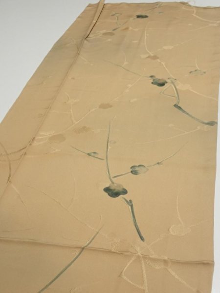 Photo3: 2C03z60  Japanese Kimono Silk  FABRIC Plum branch Light brown 46.5x14.8 (3)