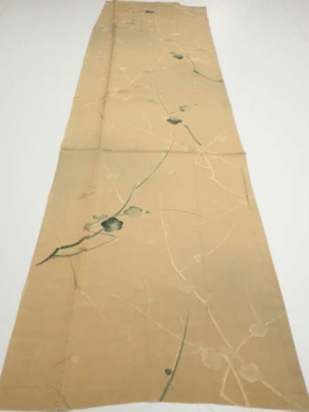 Photo5: 2C03z60  Japanese Kimono Silk  FABRIC Plum branch Light brown 46.5x14.8 (5)
