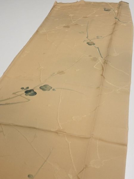 Photo3: 2C04z60  Japanese Kimono Silk  FABRIC Plum branch Light brown 46.5x14.8 (3)