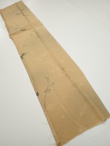Photo5: 2C05z50  Japanese Kimono Silk  FABRIC Plum branch Light brown 53.5x10.4 (5)