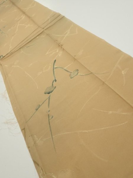 Photo1: 2C06z50  Japanese Kimono Silk  FABRIC Plum branch Light brown 52.8x10.6 (1)