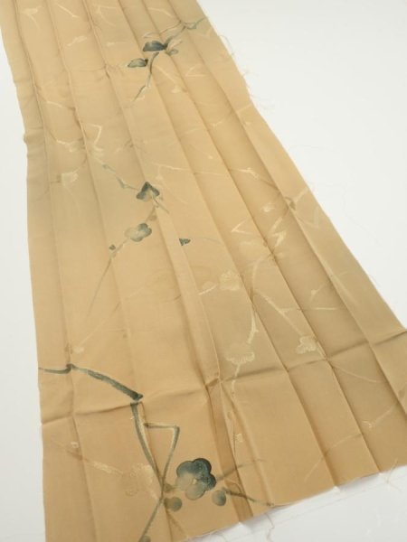 Photo2: 2C07z100  Japanese Kimono Silk  FABRIC Plum branch Light brown 81.5x14.6 (2)