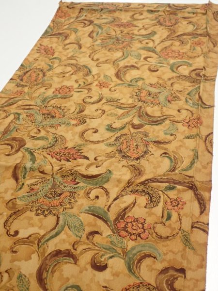 Photo3: 2C02z60  Japanese Kimono Silk  FABRIC Flowers Brown 40.2x14.4 (3)